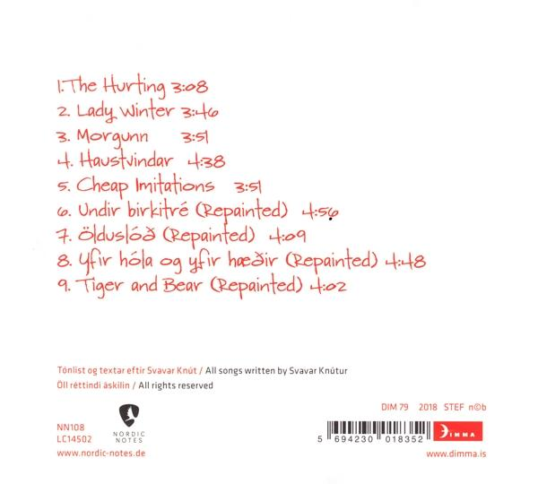 Rückseite einer CD mit einer Titelliste in rotem Text.
