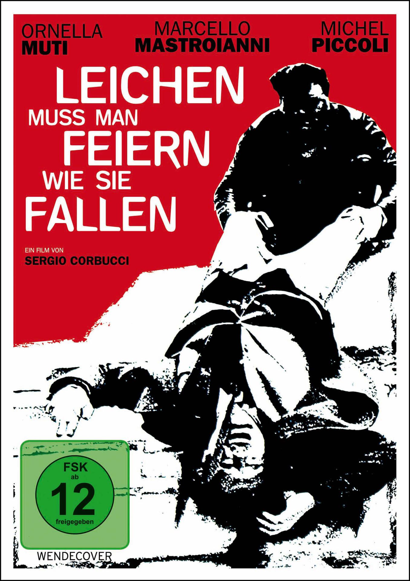 Filmplakat, Schwarz-Weiß mit fallendem Mann, Text auf Deutsch: Leichen muss man feiern...