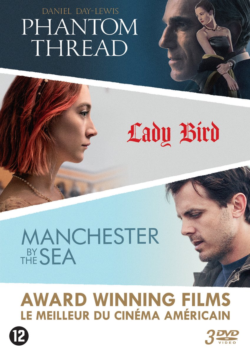 DVD-hoes met de filmtitels 'Phantom Thread', 'Lady Bird' en 'Manchester by the Sea'.