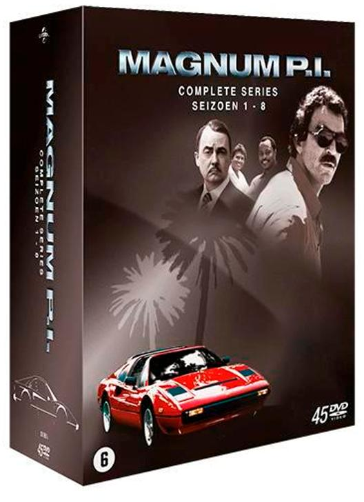 Coffret DVD de la série complète Magnum P.I., avec Tom Selleck et une Ferrari rouge. Boîte noire.