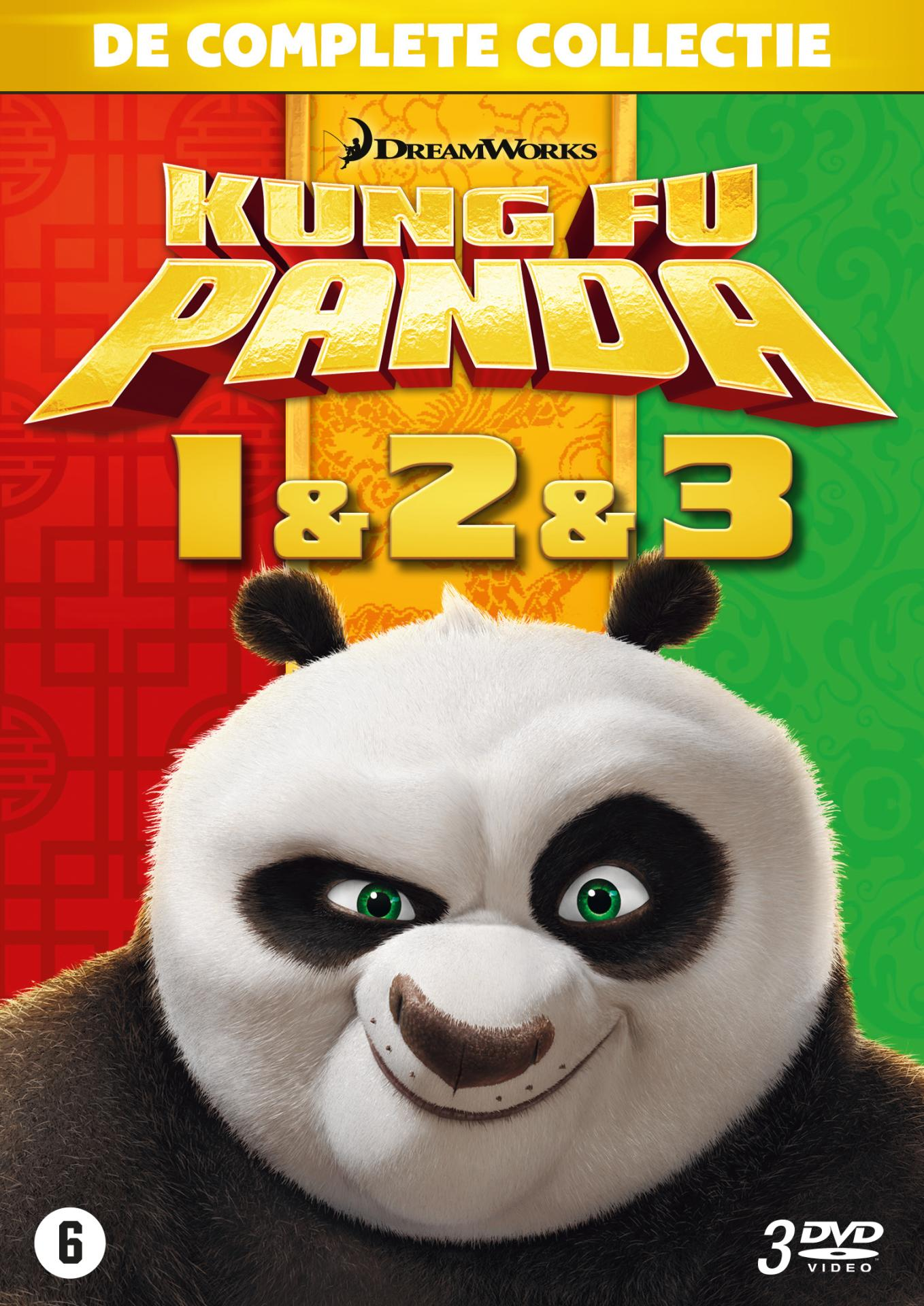 Jaquette DVD Kung Fu Panda 1, 2 et 3 avec panda et texte.