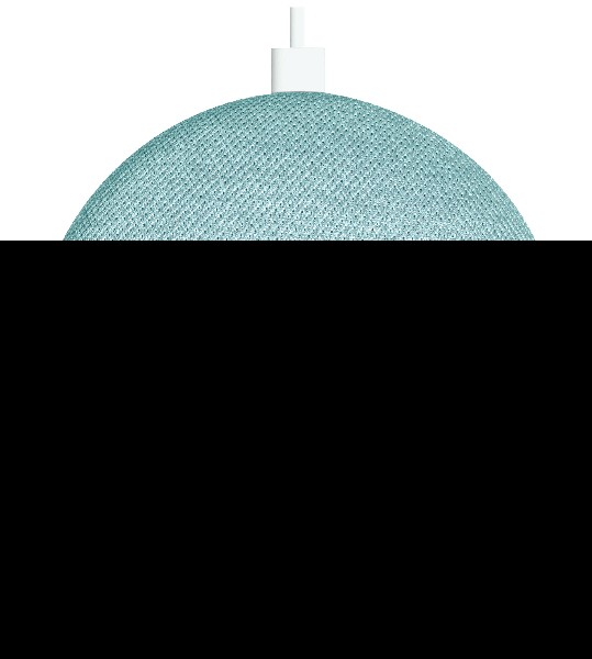 Un altavoz Google Nest Mini azul claro, con un cable de alimentación blanco. Fondo negro.
