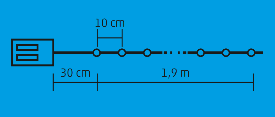 Fekete vonalas diagram kék háttérrel, amely körök sorozatát mutatja távolságokkal.