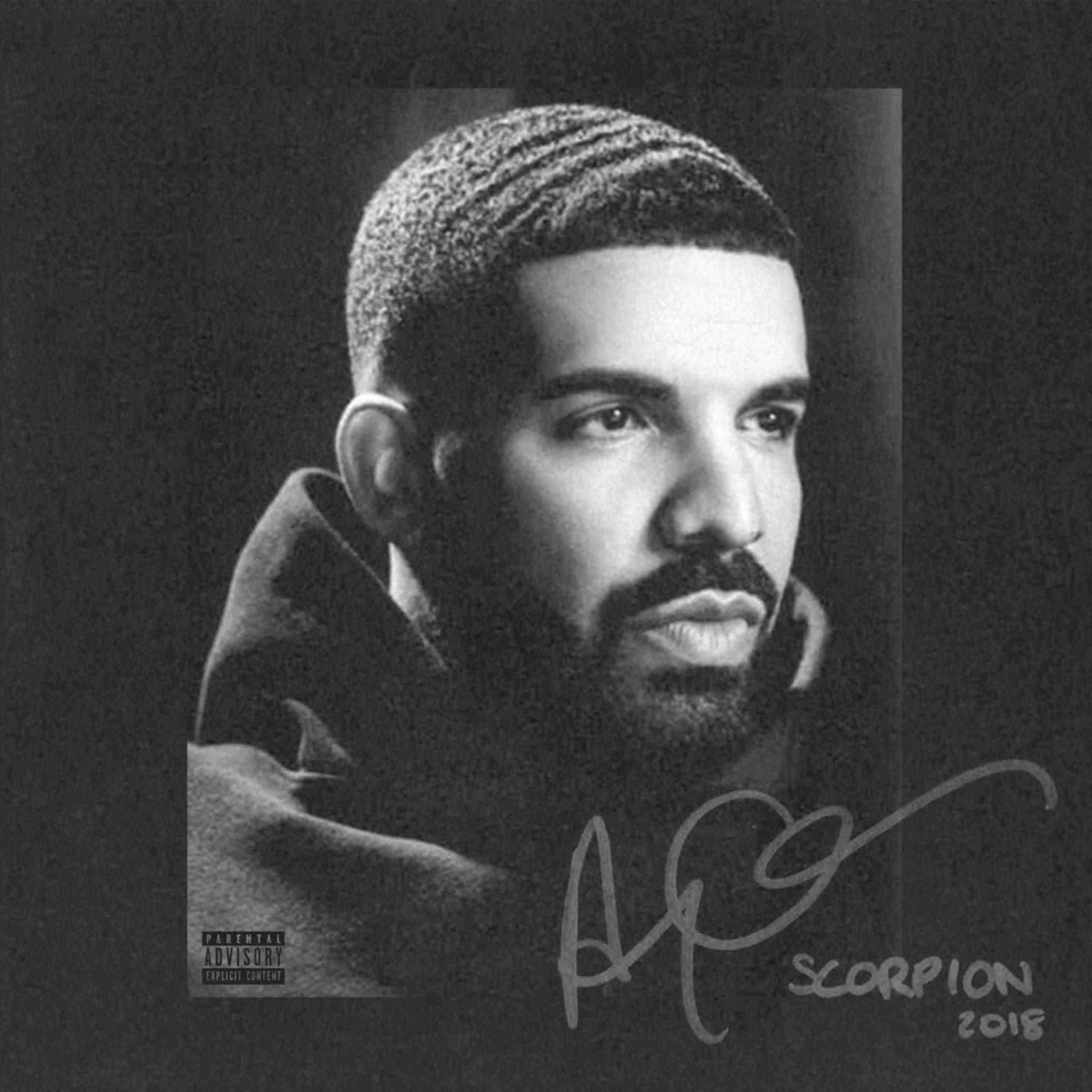 Drake-Porträt in Schwarzweiß mit Unterschrift und dem Text 'SCORPION 2018' unten.