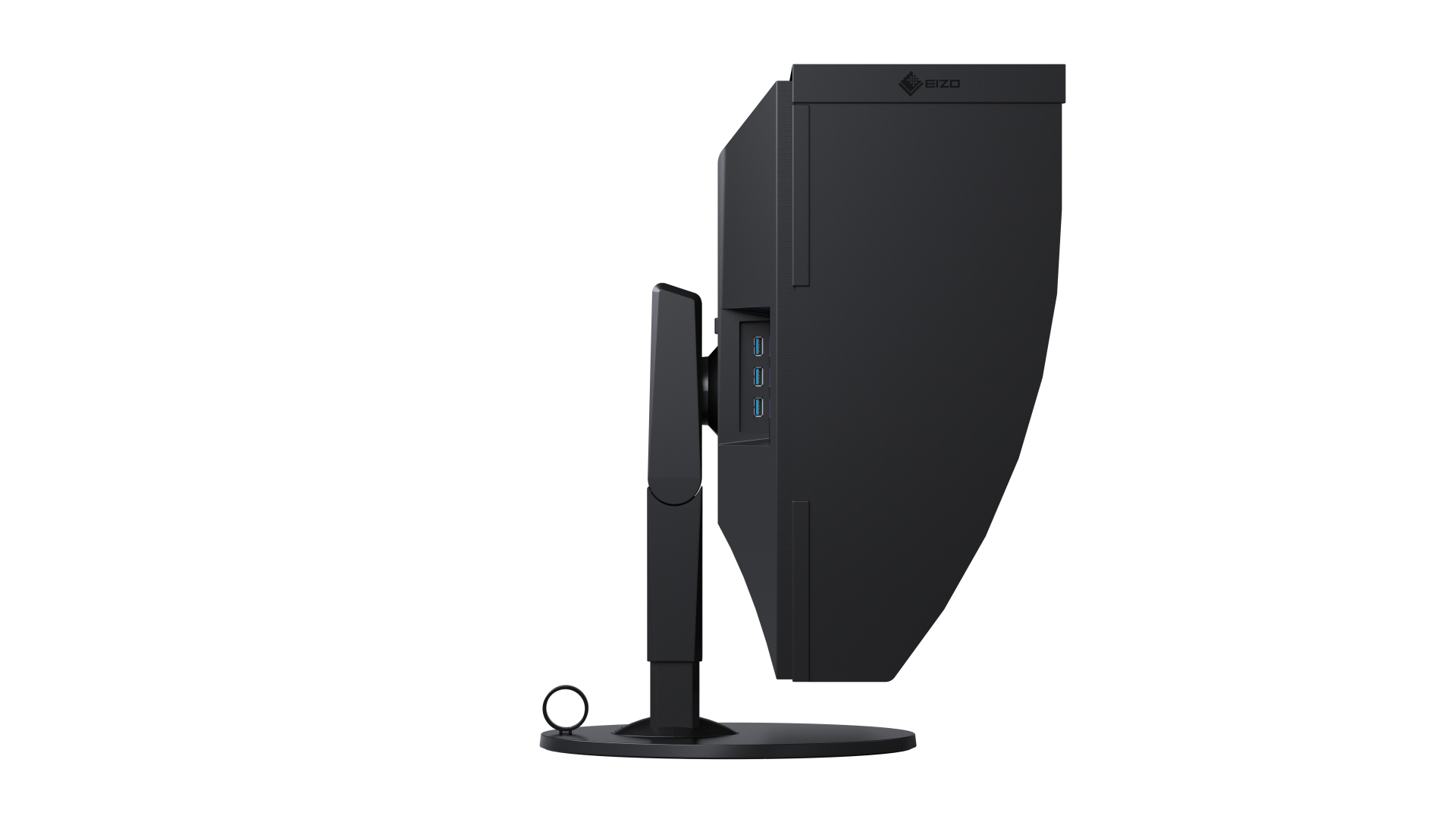 Seitenansicht eines schwarzen Computermonitors. Der Monitor hat eine gewölbte Rückseite.