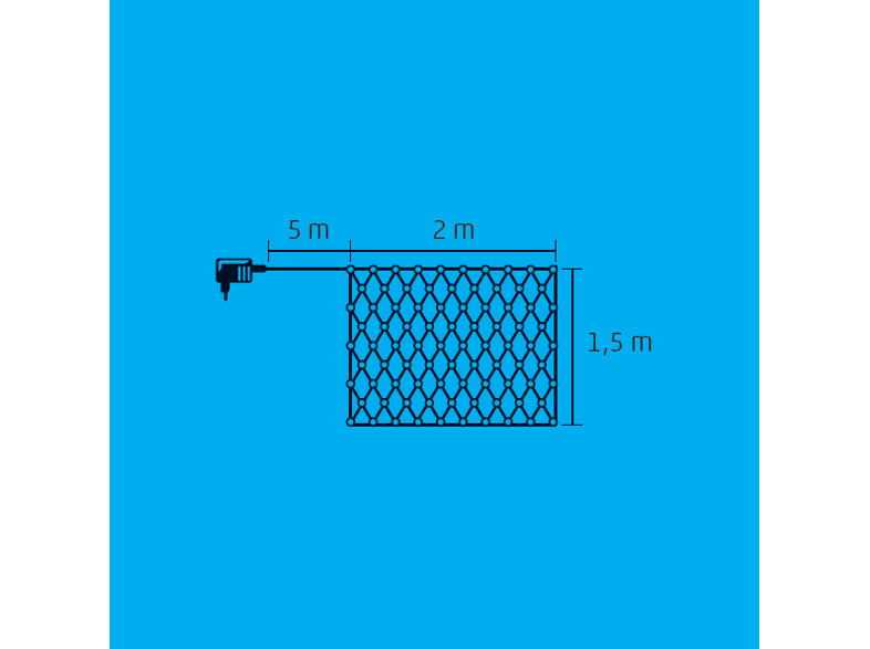 Háló méretekkel: 5m, 2m és 1,5m. Kék háttér. Fekete csatlakozó balra.
