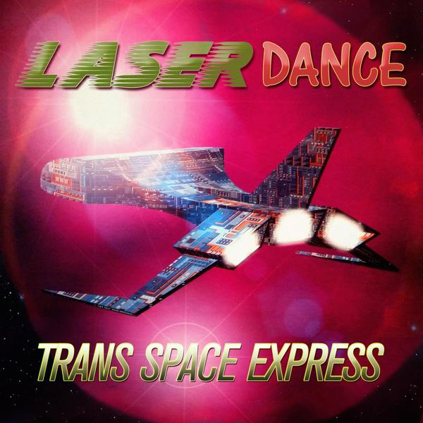 Albumcover für 'Laser Dance - Trans Space Express'. Zeigt eine Raumschiffgrafik über einem roten und rosa Hintergrund.