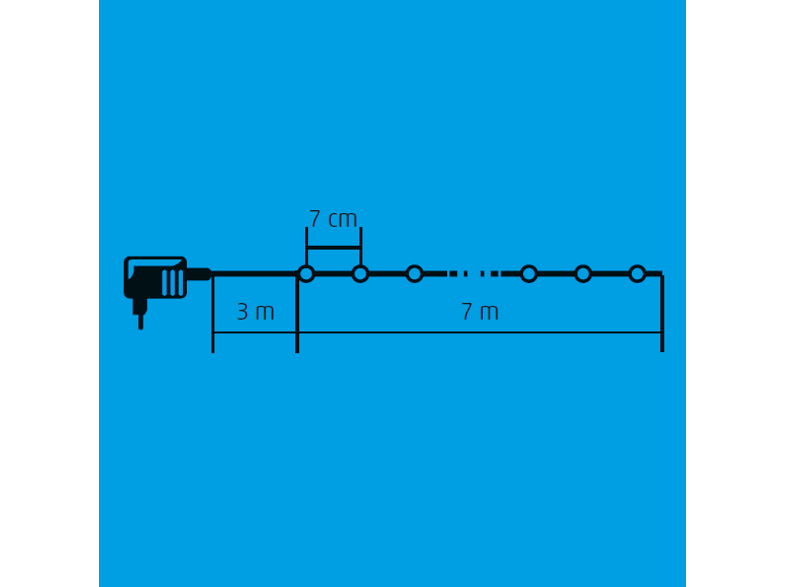 Fényfüzér diagramja. Fényeket, egy 3 m-es kábelt és egy 7 m-es szakaszt mutat mérésekkel.