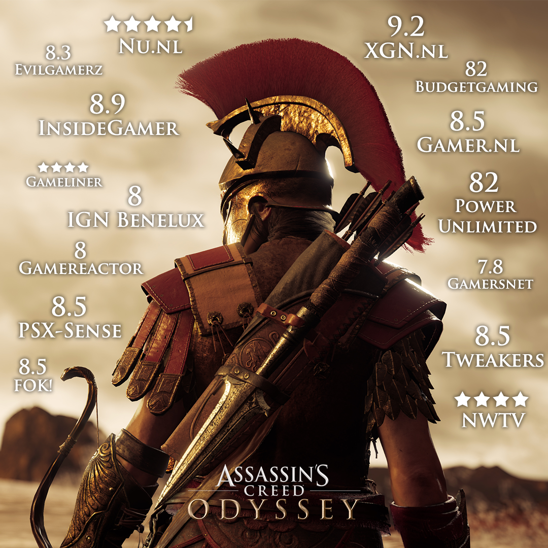 Assassin's Creed game-afbeelding. Een krijger met beoordelingen van verschillende gamesites.