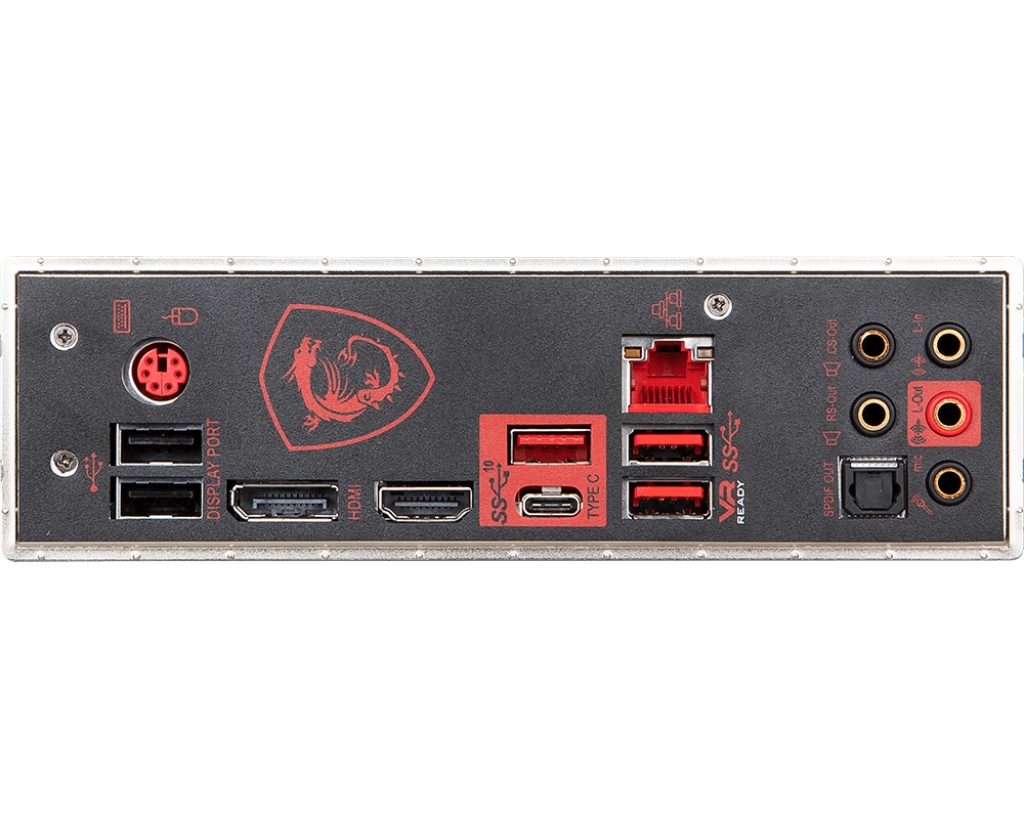 Rückseite eines MSI-Motherboards mit roten und schwarzen Akzenten. Viele Anschlüsse und Steckverbinder.