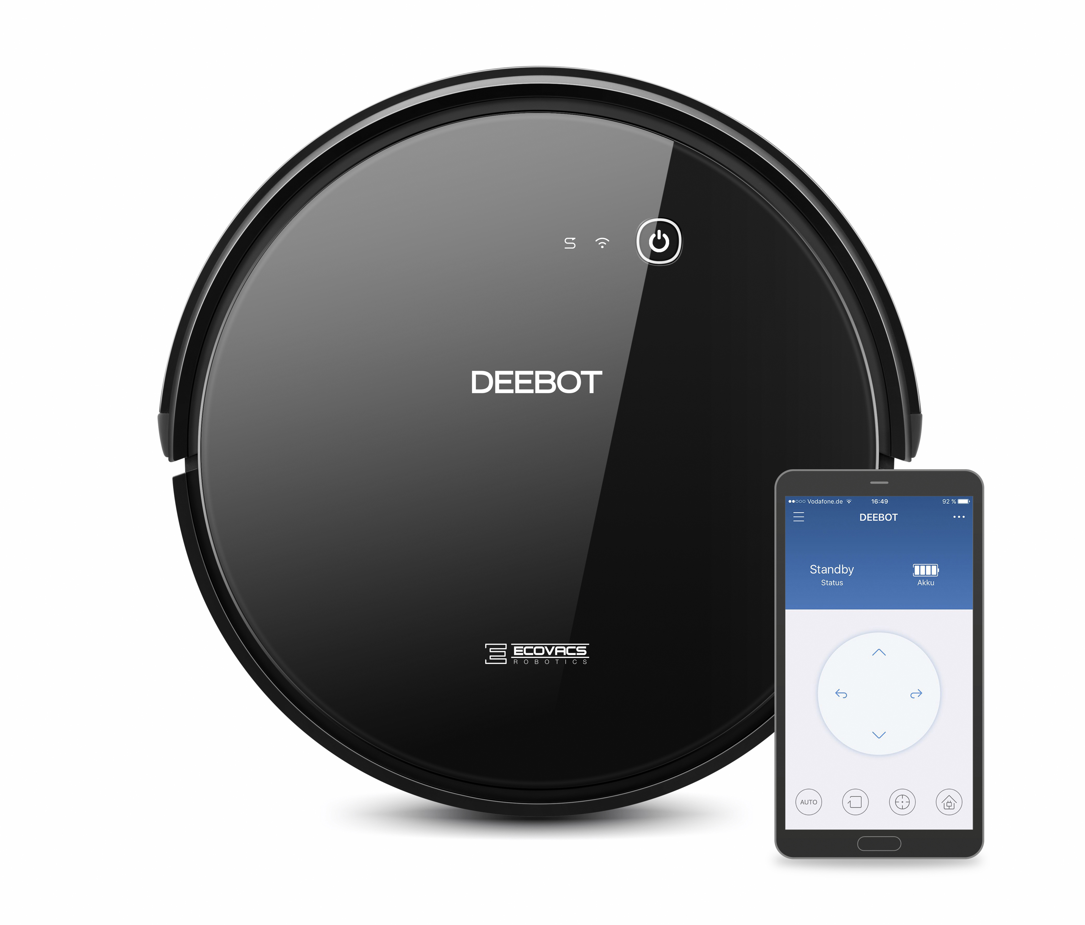 Ein schwarzer DEEBOT-Roboter-Staubsauger und ein Smartphone, das seine Steuerungs-App anzeigt.