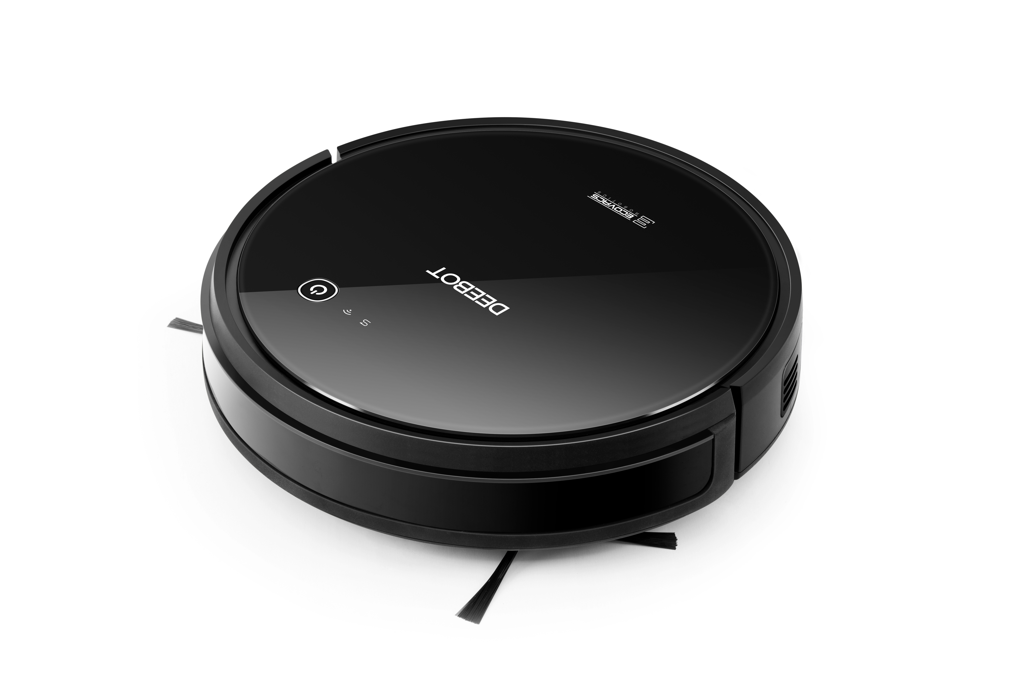 Schwarzer runder Roboter-Staubsauger vor weißem Hintergrund, mit Bürsten und DEEBOT-Logo.