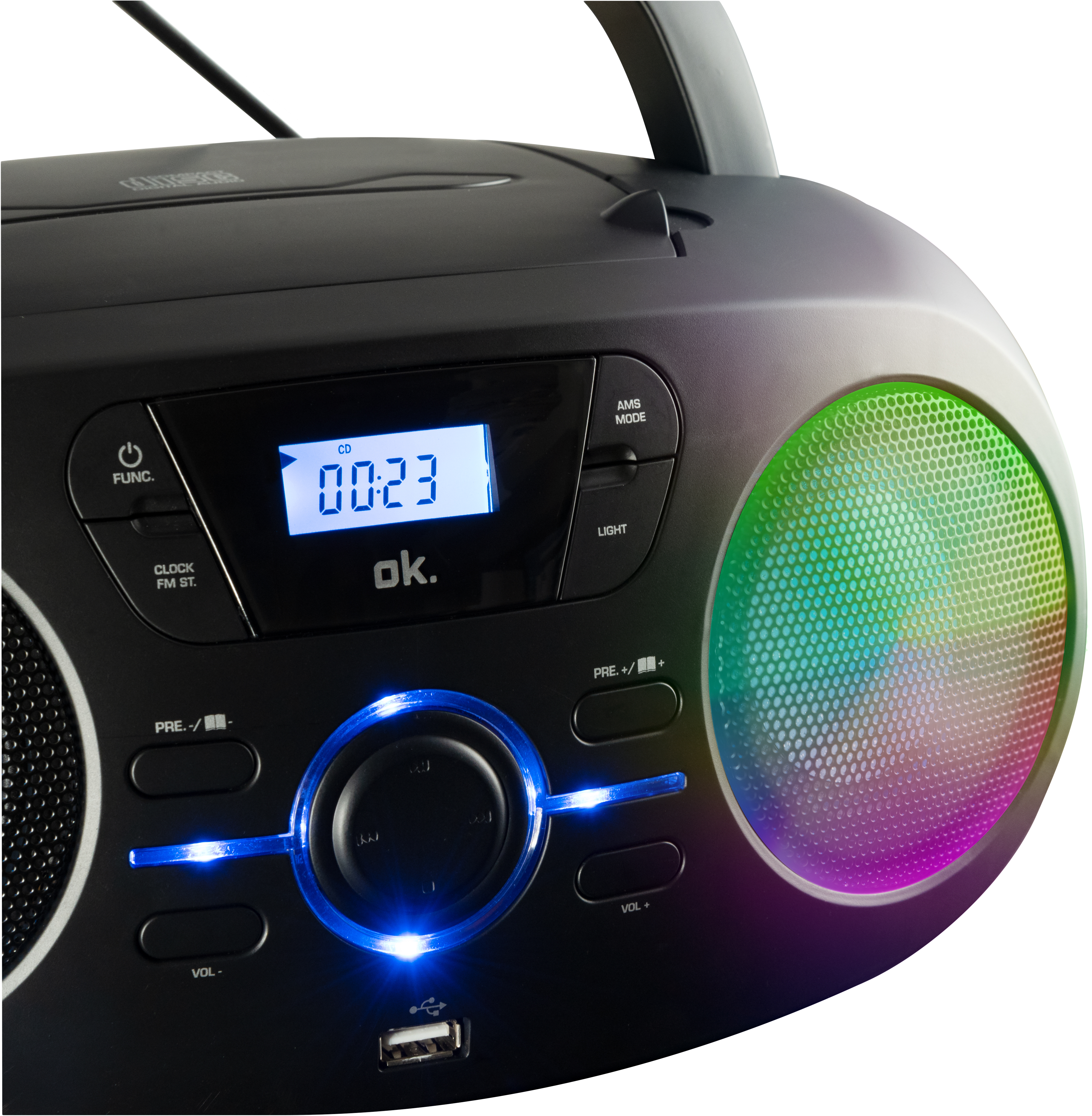 Egy fekete boombox kijelzővel, amely az időt mutatja. Színes hangszórófényei vannak.