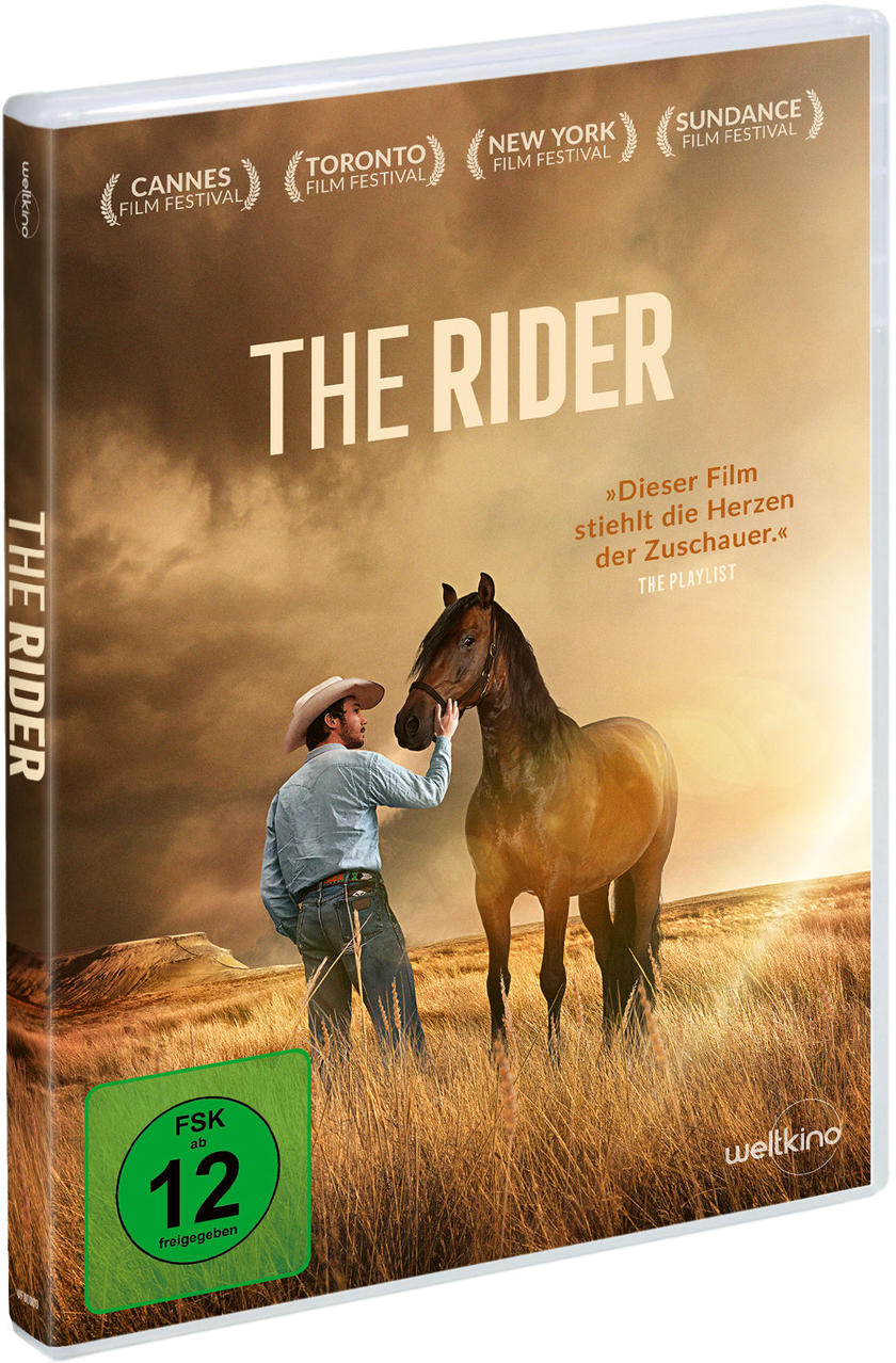 Die Rider DVD-Hülle, ein Mann mit einem Pferd auf einem Feld, Text auf Deutsch.