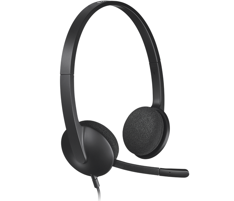 Zwarte Logitech headset met een microfoon op een zwarte achtergrond. Simpel en strak design.