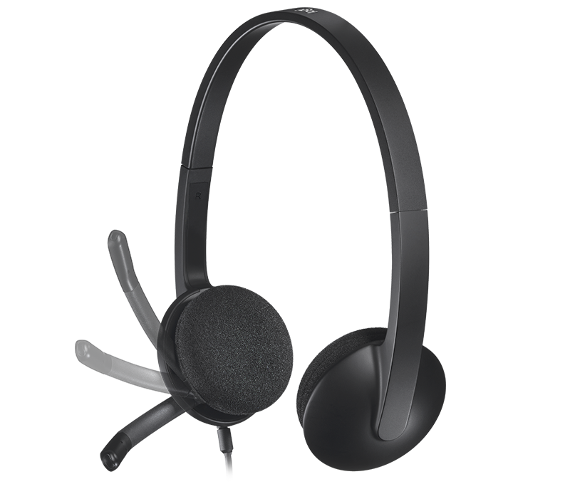 Zwarte Logitech headset met een flexibele microfoon en oorschelpen. De headset staat op een zwarte achtergrond.