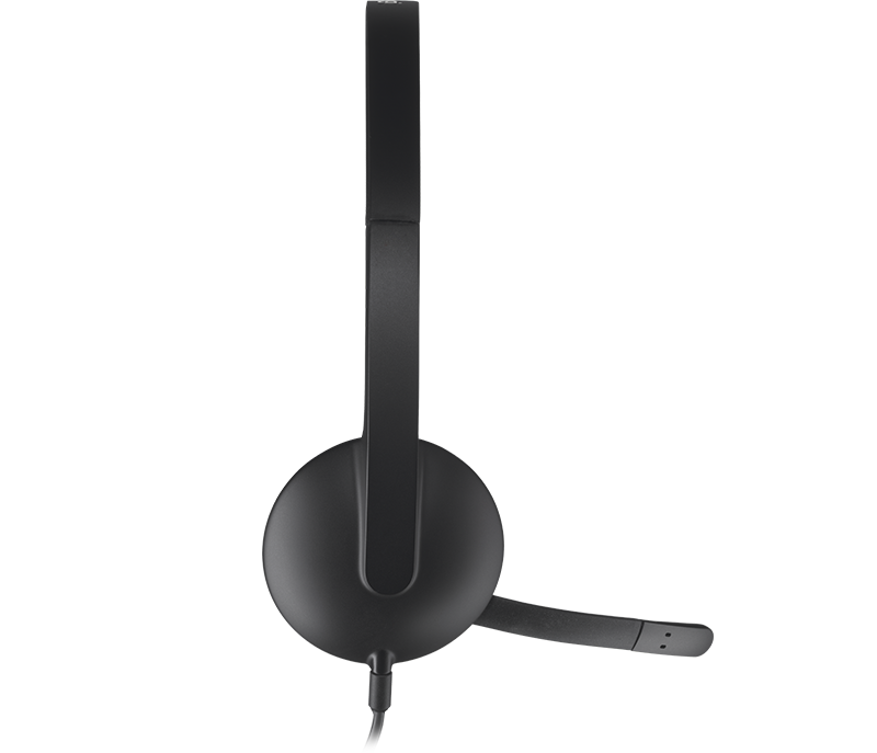 Zwarte headset, zijaanzicht. Voorzien van een microfoon en een ontwerp met één oor.