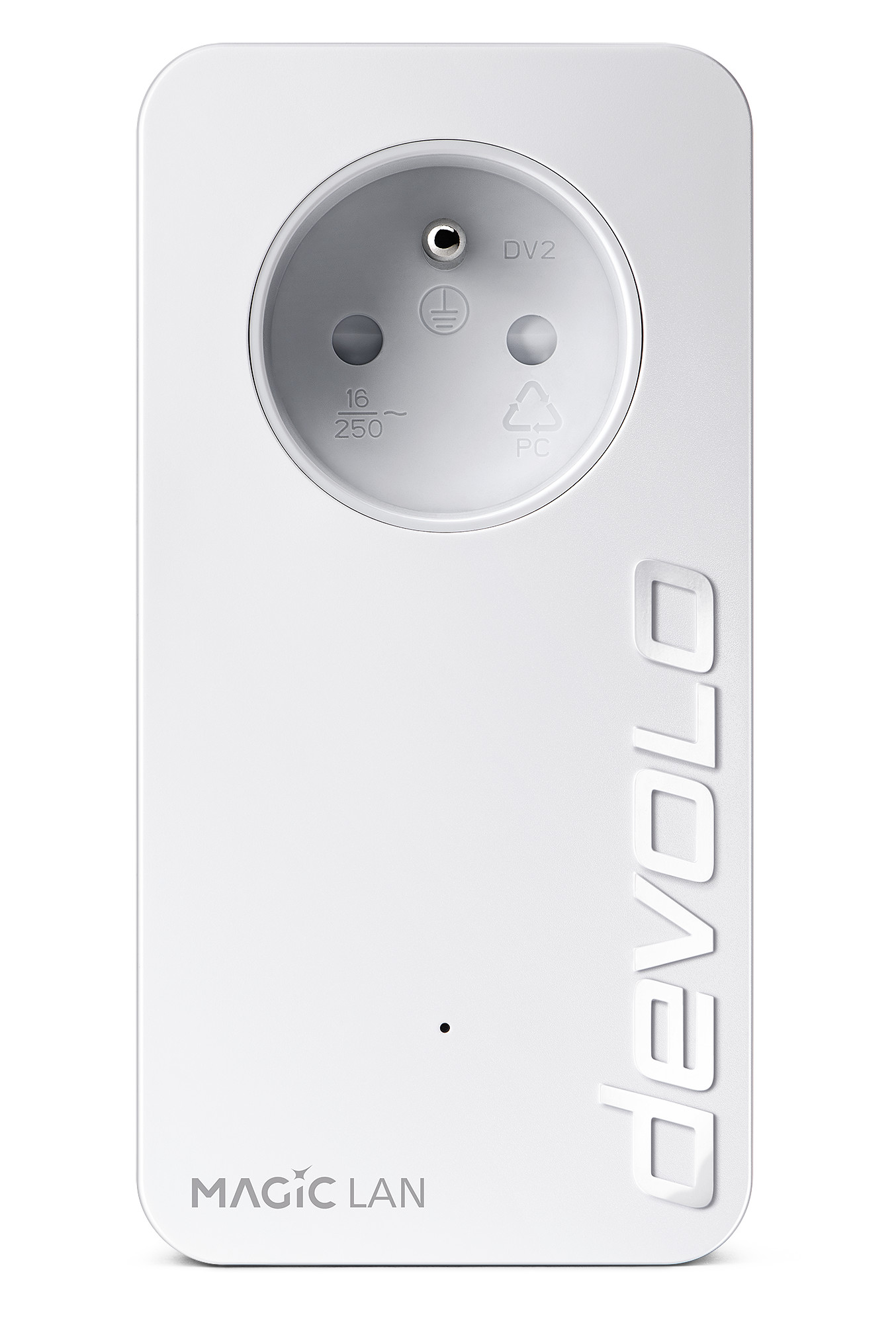 Witte powerline-adapter met een grijs stopcontact. Het woord 'devolo' staat aan de rechterkant. 'MAGIC LAN' staat onderaan.