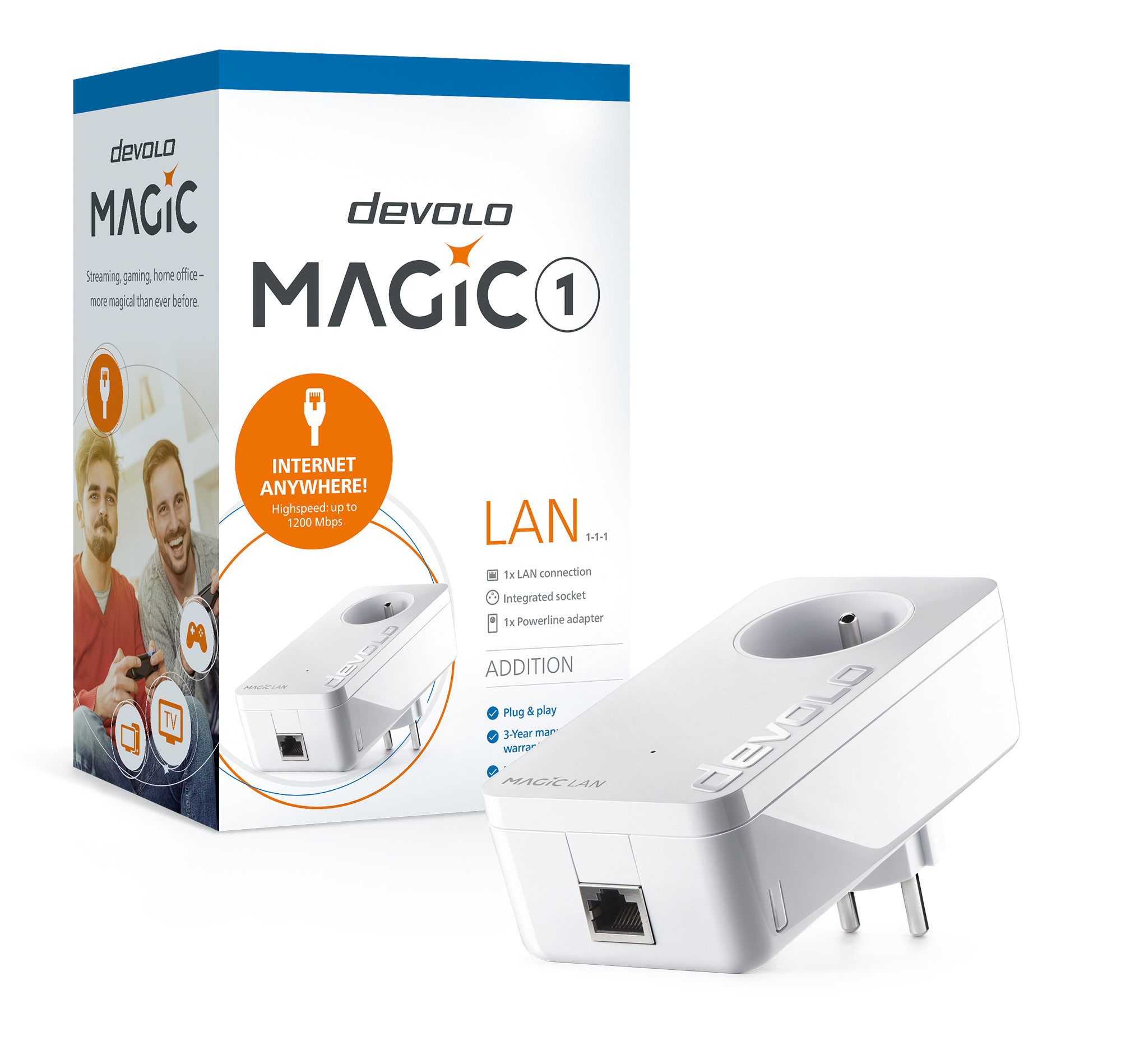 Witte en blauwe doos met een devolo MAGIC 1 LAN-apparaat en een stekkeradapter. Witte achtergrond.