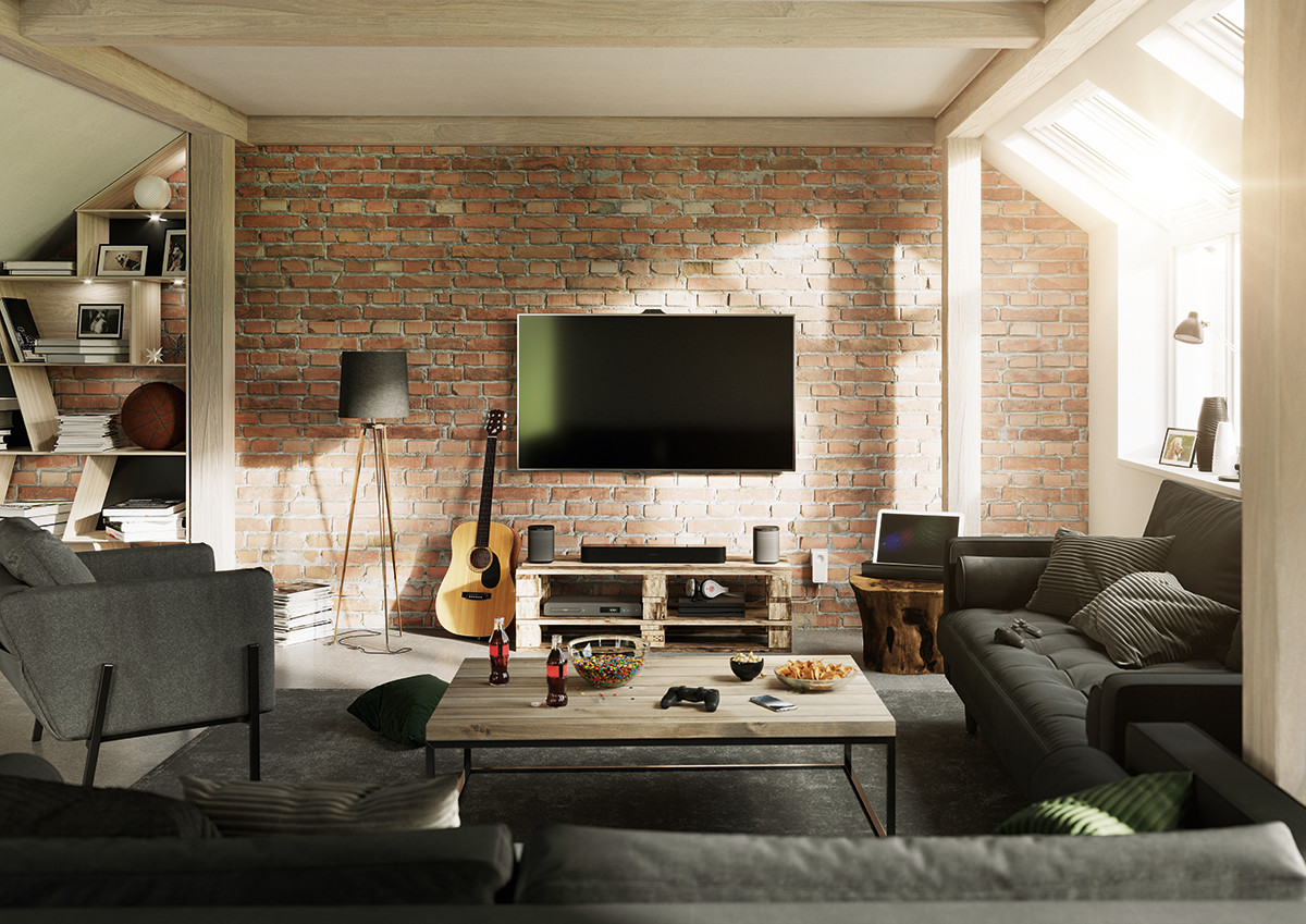 Woonkamer met bakstenen muur, tv, gitaar, bank en houten salontafel met snacks.