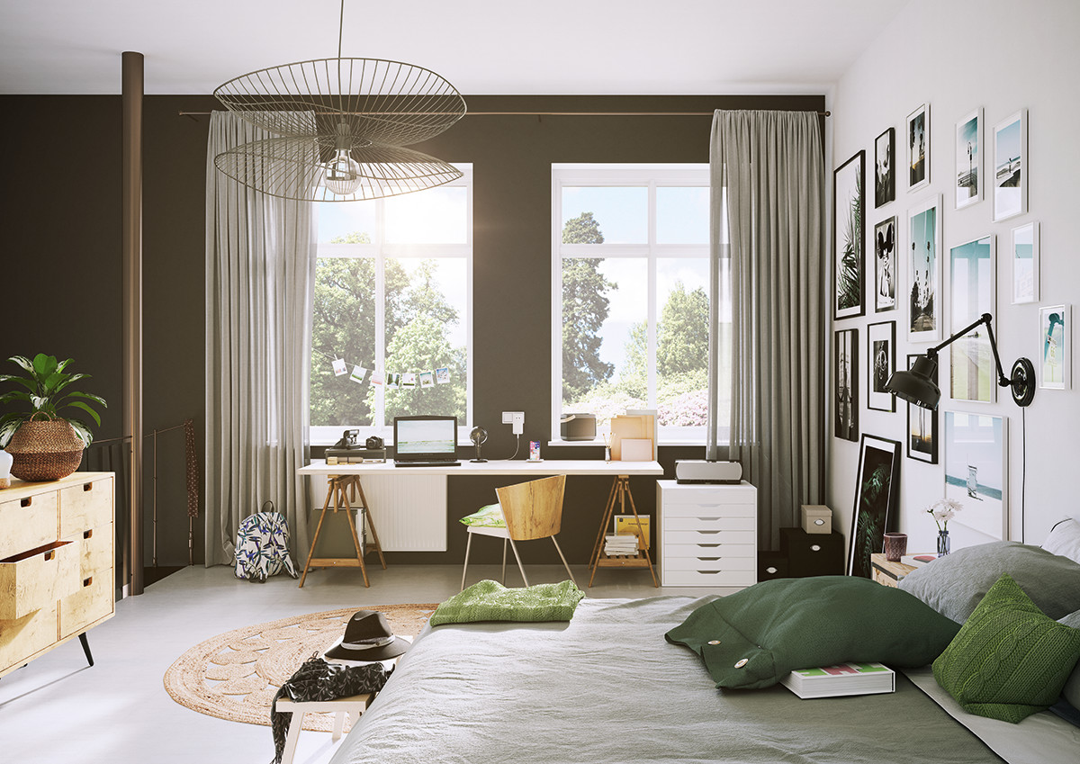 Slaapkamer met bureau, raam, bed en wandkunst. Inclusief een plant, stoel en vloerkleed.
