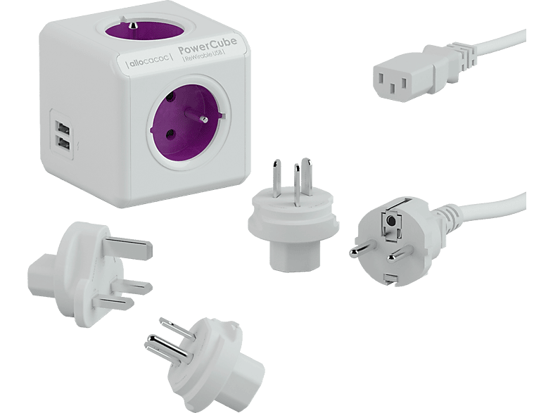 ALLOCACOC 1811/DERU3P PowerCube Rewirable hálózati elosztó-hosszabbító, 4 cs.+ 2 USB, 3 adapter, fehér-lila