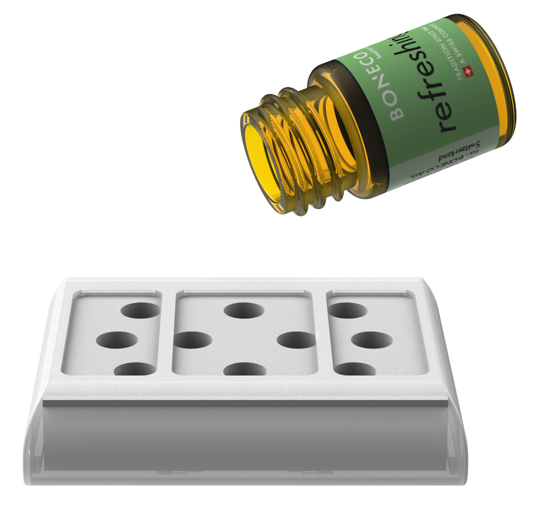 Ölflasche mit weißem Diffusor. Die Flasche befindet sich über dem Diffusor.