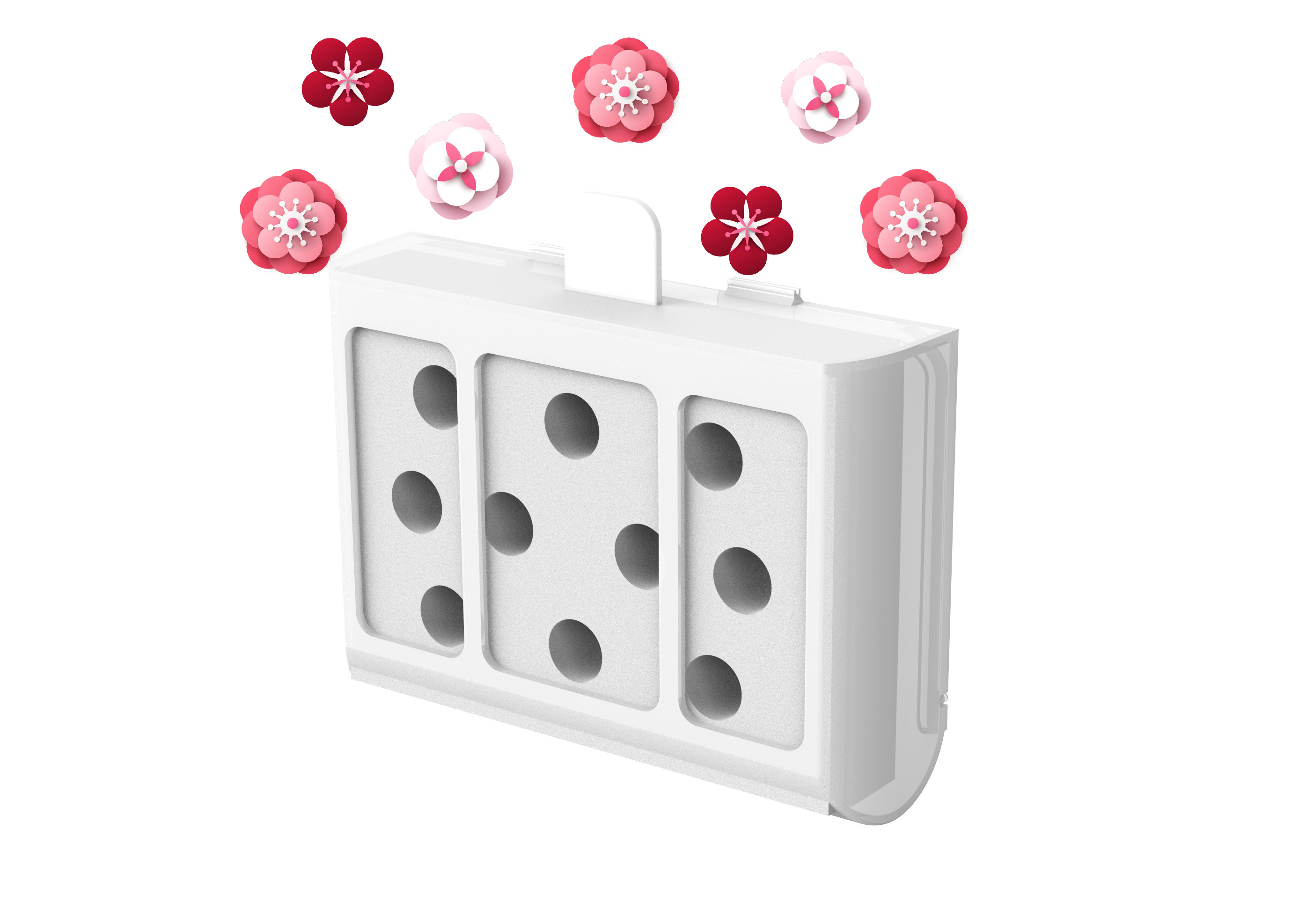 Weißer Luftfilter mit Löchern, mit schwebenden rosa Papierblumen, weiß.