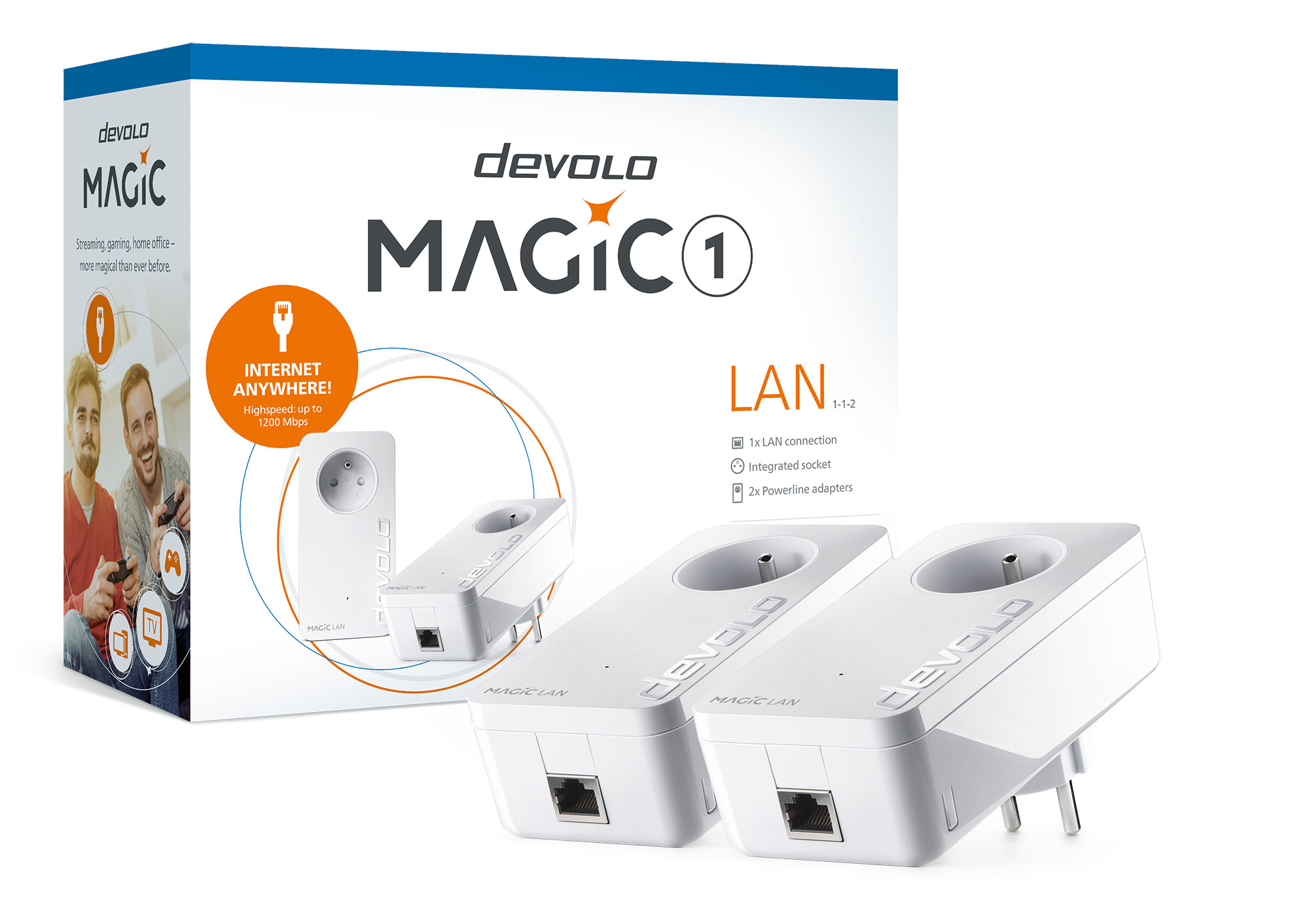 Witte Devolo Magic 1 LAN-kit. Bevat twee adapters, een doos met productafbeeldingen en branding.