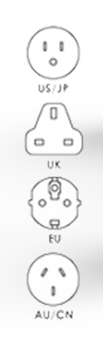 Négy különböző elektromos dugó típus: US/JP, UK, EU és AU/CN.