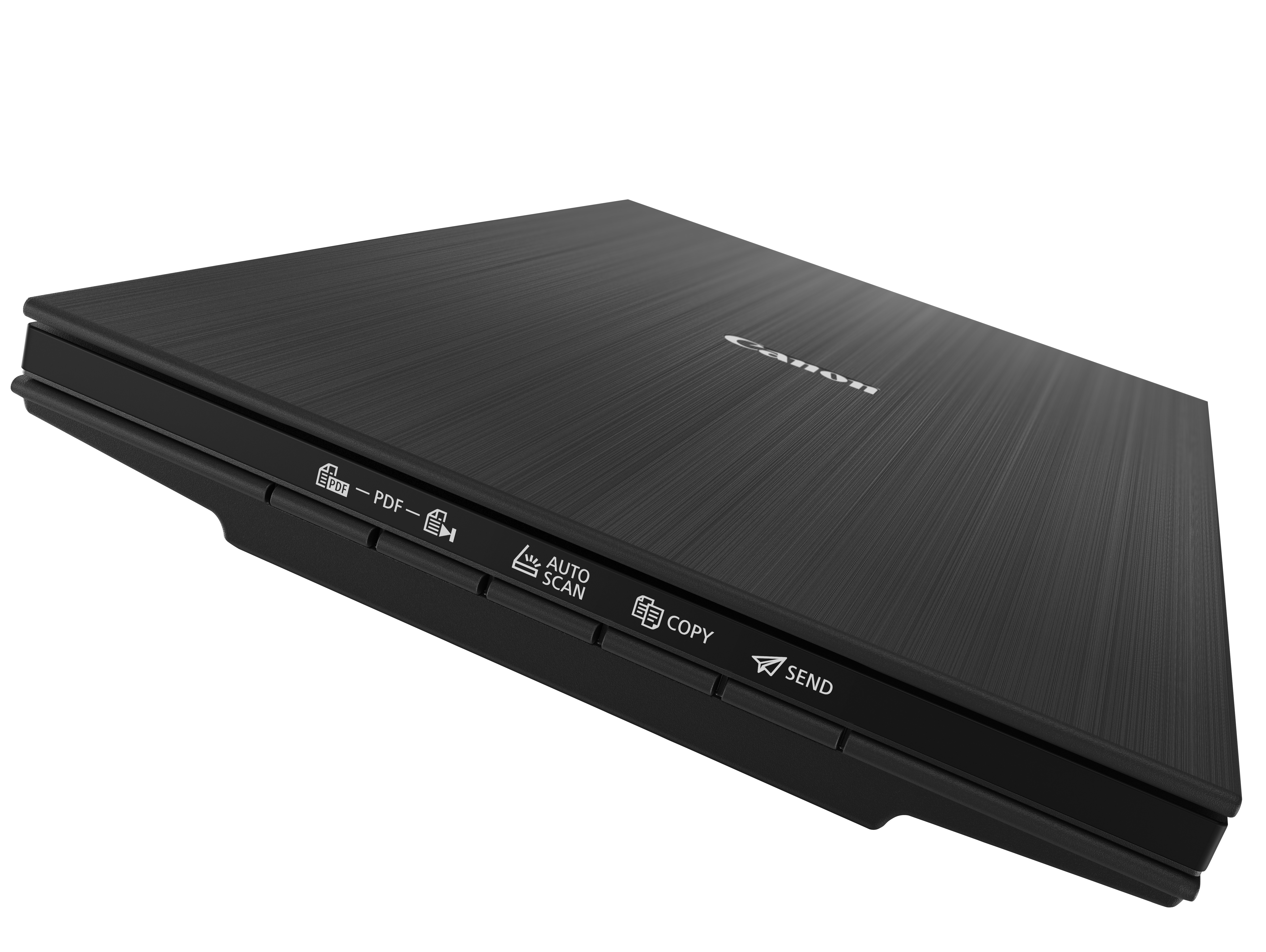 Ein schwarzer Canon-Scanner. Er hat Tasten für PDF, Scannen, Kopieren und Senden. Das Canon-Logo ist sichtbar.