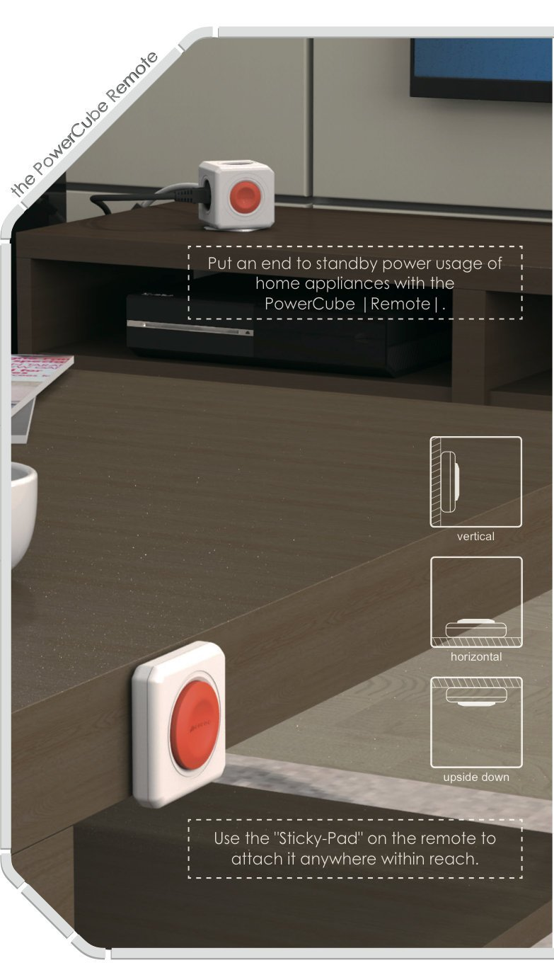 PowerCube távirányító és aljzat barna felületen. Utasítások láthatók.