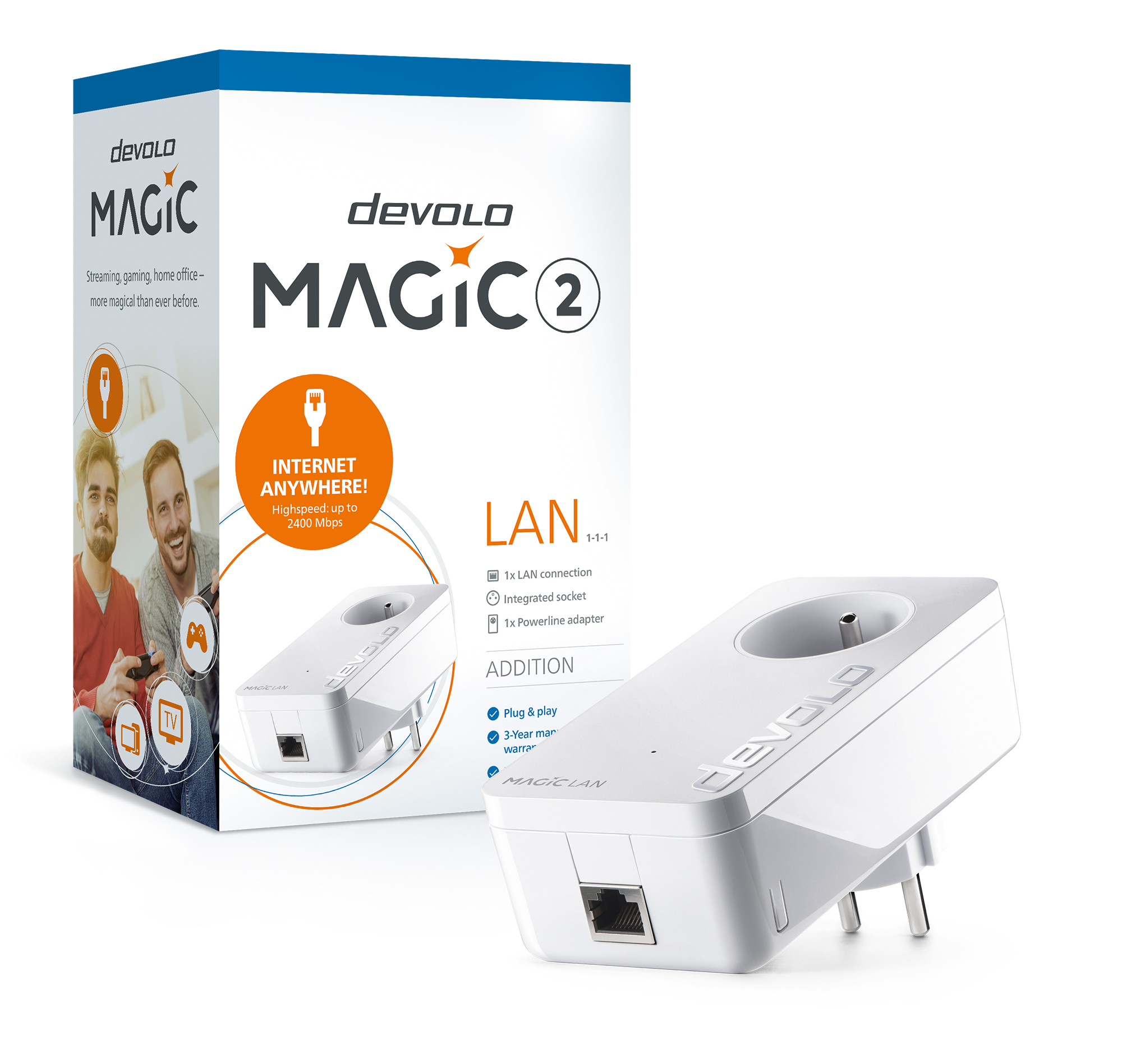 Un adaptateur LAN Devolo Magic 2 blanc et une boîte. La boîte montre deux hommes et du texte. L'adaptateur a une prise et un port LAN.