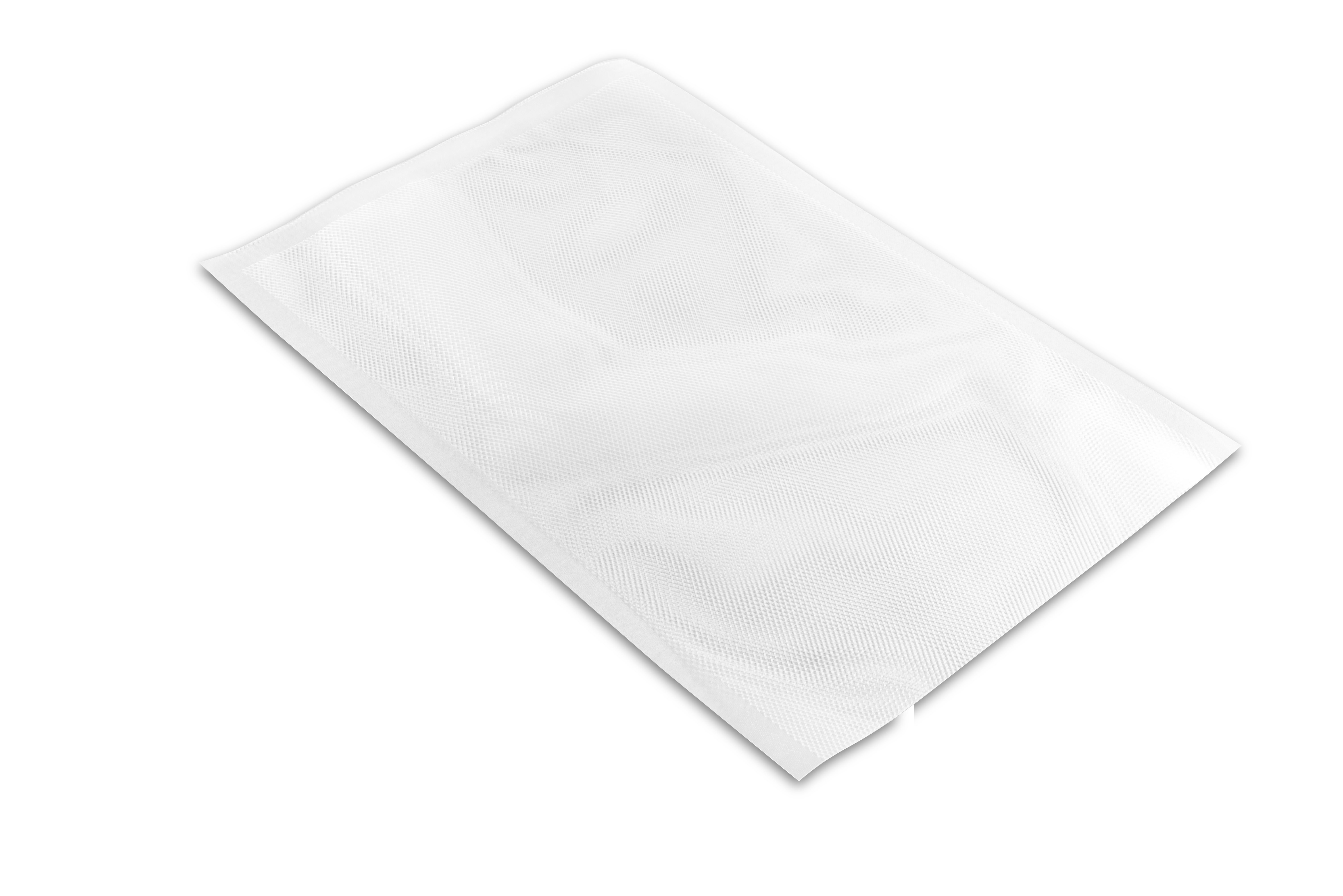 Witte vacuümzak. Rechthoekig, opgevouwen, op een witte achtergrond.