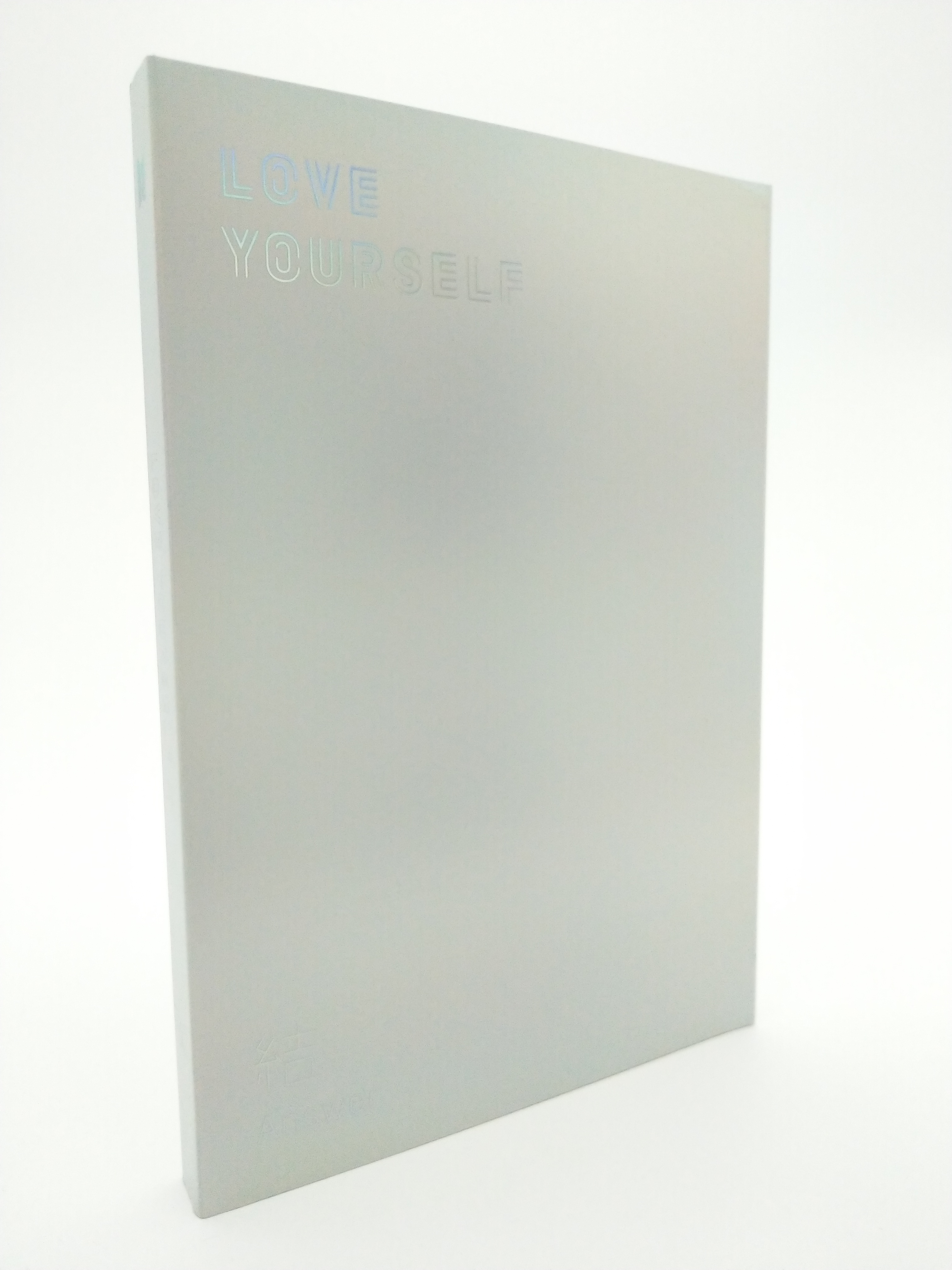 Ein Buch mit den Worten 'LOVE YOURSELF' auf dem Umschlag. Das Buch hat eine silberne Farbe.