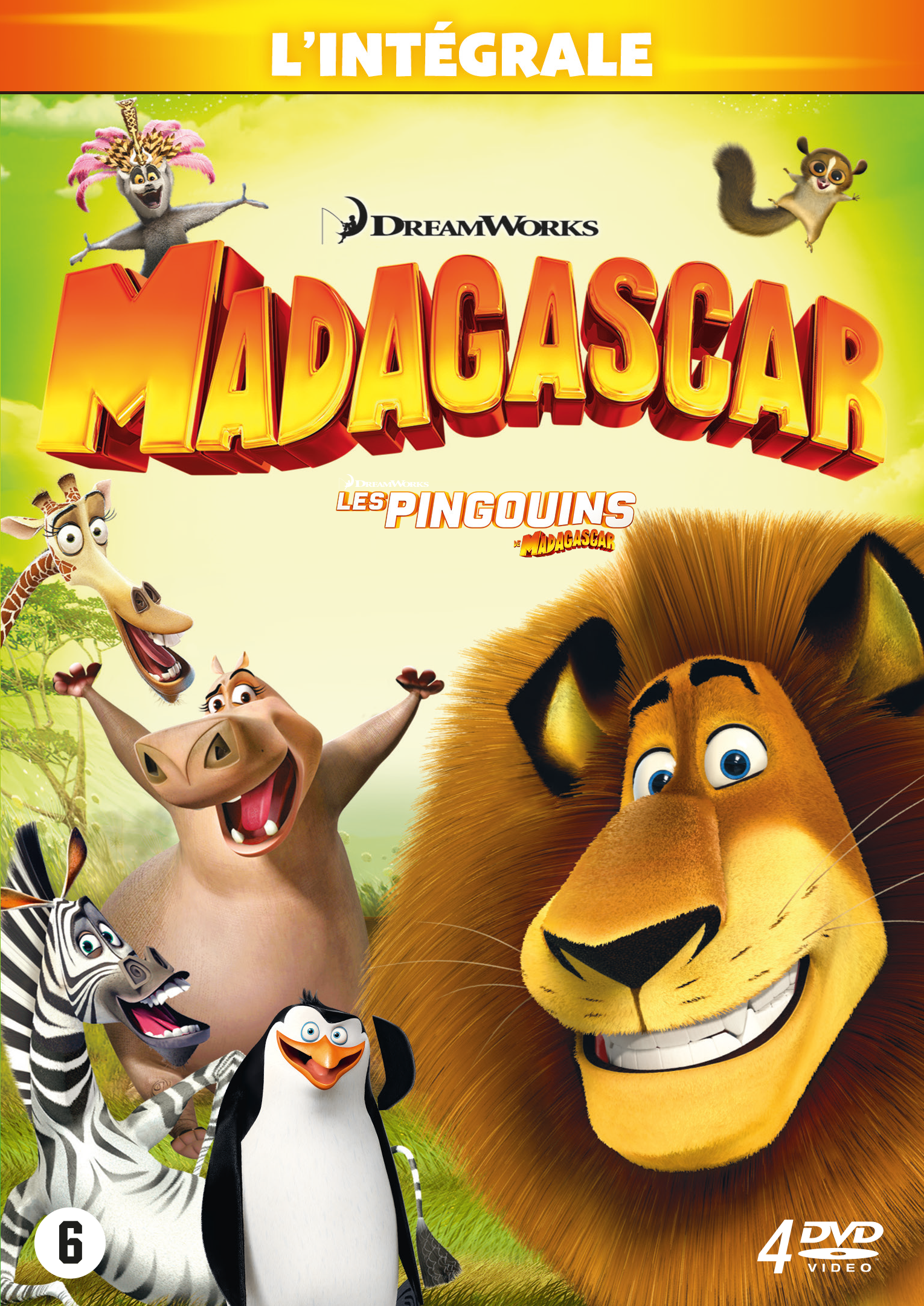 Couverture du DVD Madagascar avec des personnages animés, dont un lion, un zèbre, une girafe et des pingouins.