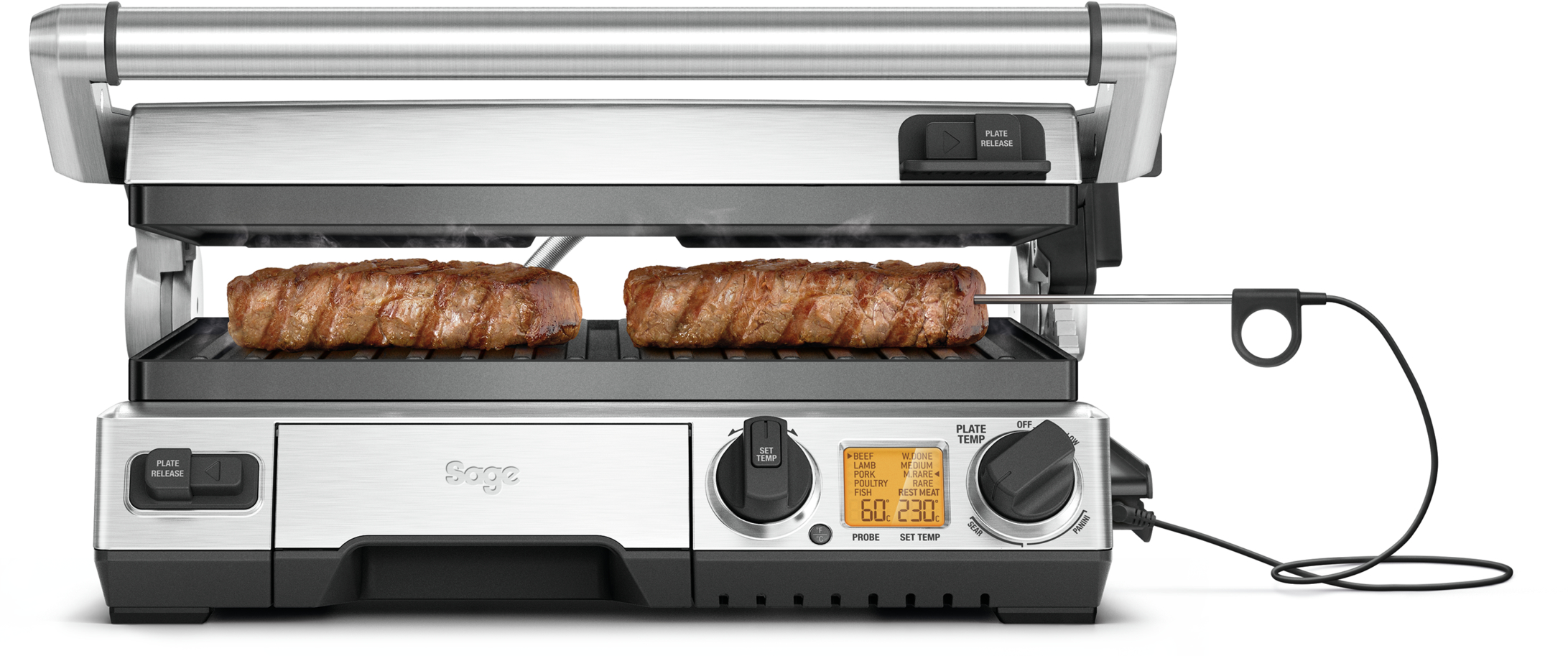 Ezüst és fekete grill, két steakkel. A digitális kijelző a hőmérséklet beállításokat mutatja. Lemezkioldó gombok.