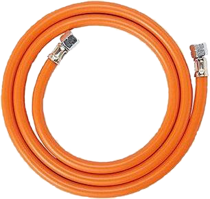 Oranger Gasschlauch mit Metallverbindern, spiralförmig.