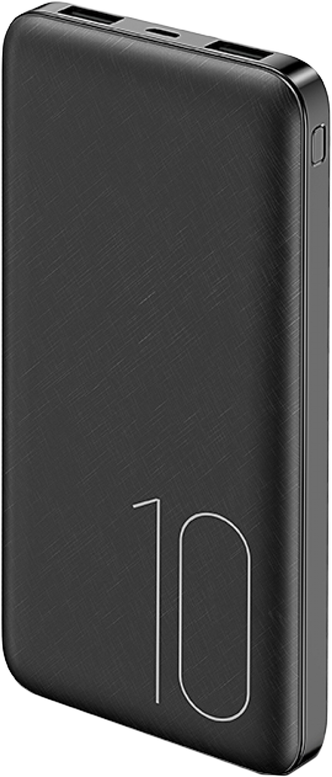 Egy fekete power bank texturált felülettel, fehér 10-es számmal és töltőportokkal a tetején. Elegáns kialakítású.