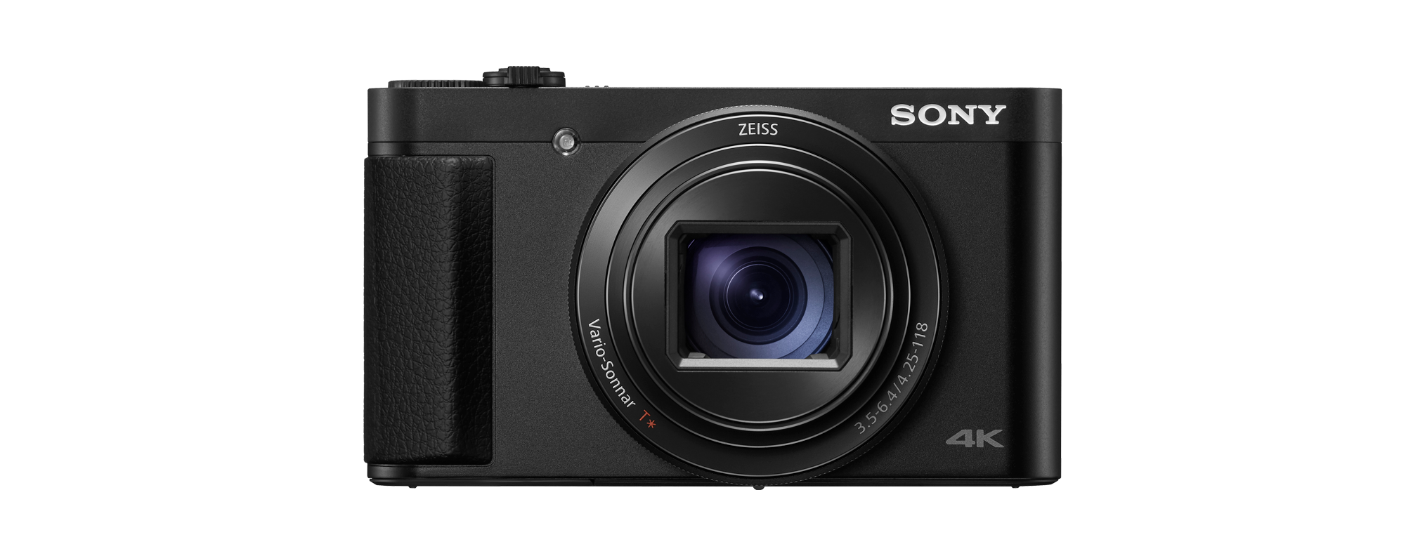 Schwarze Sony-Kamera mit Objektiv und dem Namen Sony. 4K-Auflösung steht auf der Seite.