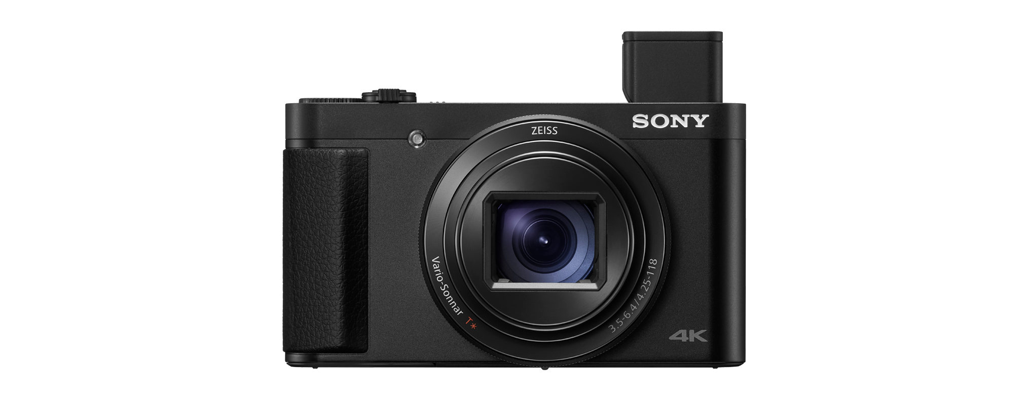 Schwarze Sony-Kamera mit Objektiv und Pop-up-Blitz. Zeiss-Objektiv. 4K.