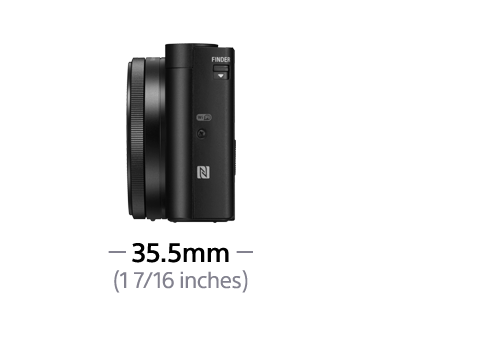 Schwarze Kamera, Seitenansicht. Es zeigt das Wort FINDER und hat ein WiFi- und N-Symbol.