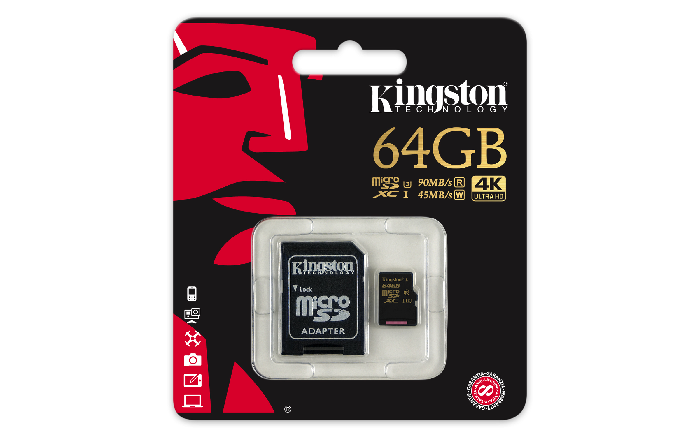 KINGSTON 64GB MICROSDXC CLASS U3 UHS-I 90R/45W + SD ADAPTER