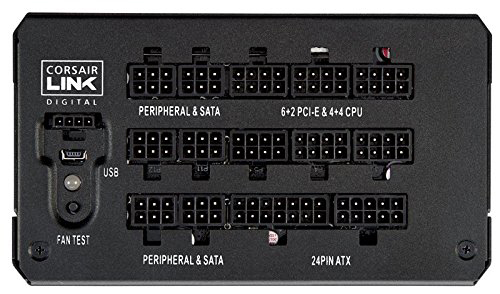 Ein schwarzes Corsair-Netzteil mit mehreren Anschlüssen und Etiketten für Peripheriegeräte, SATA und CPU.