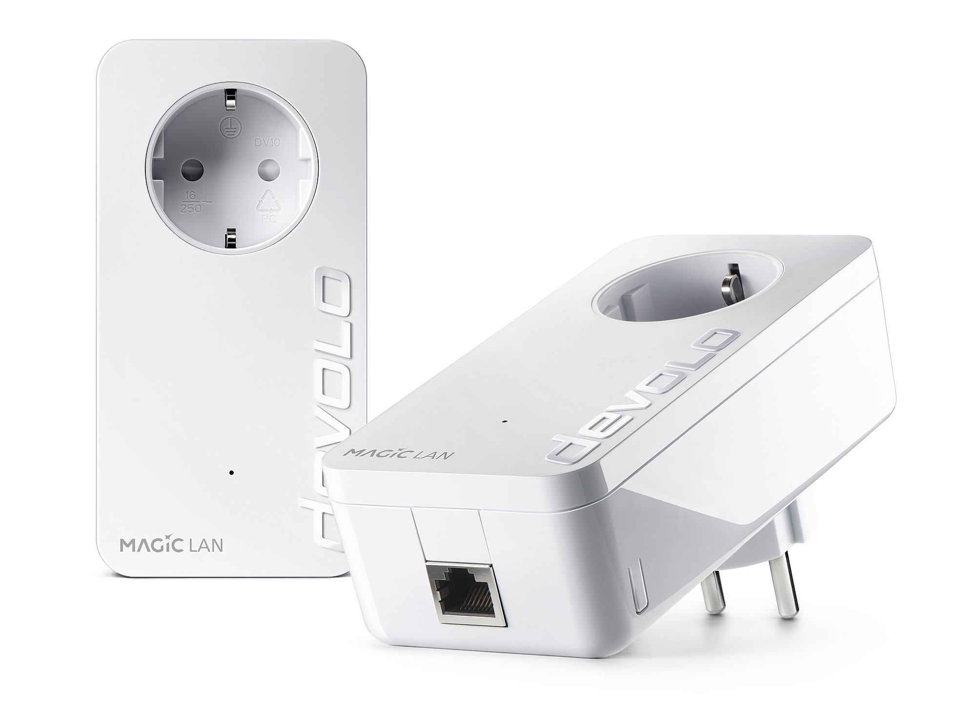 Two white HEVOLO Magic LAN adapters.