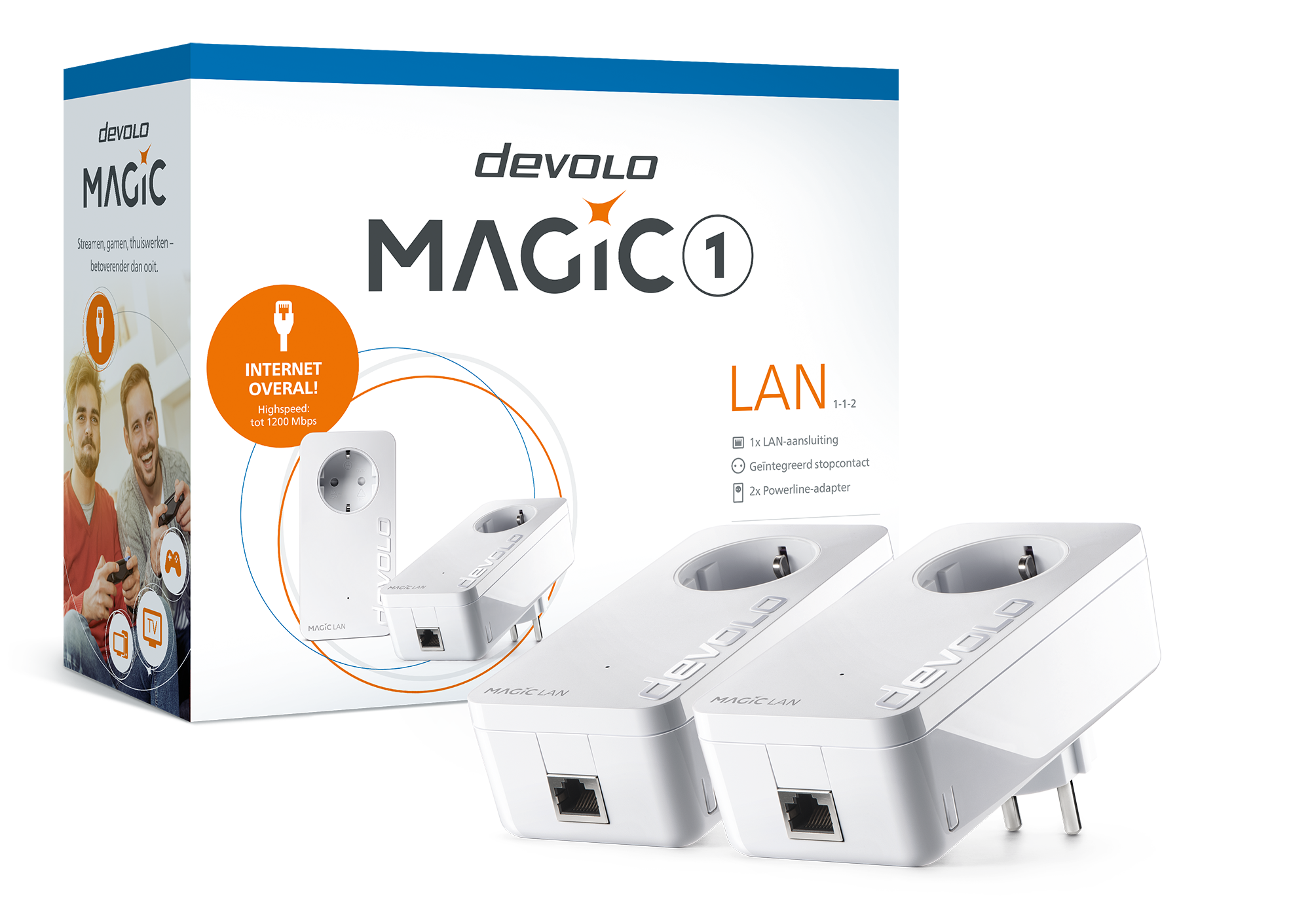 A white box with two powerline adapters and a power outlet shown on white.