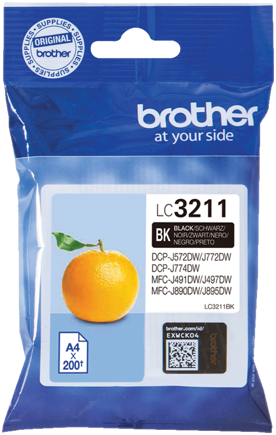 Emballage de cartouche d'encre Brother LC3211BK, orange sur l'emballage, avec détails du produit.