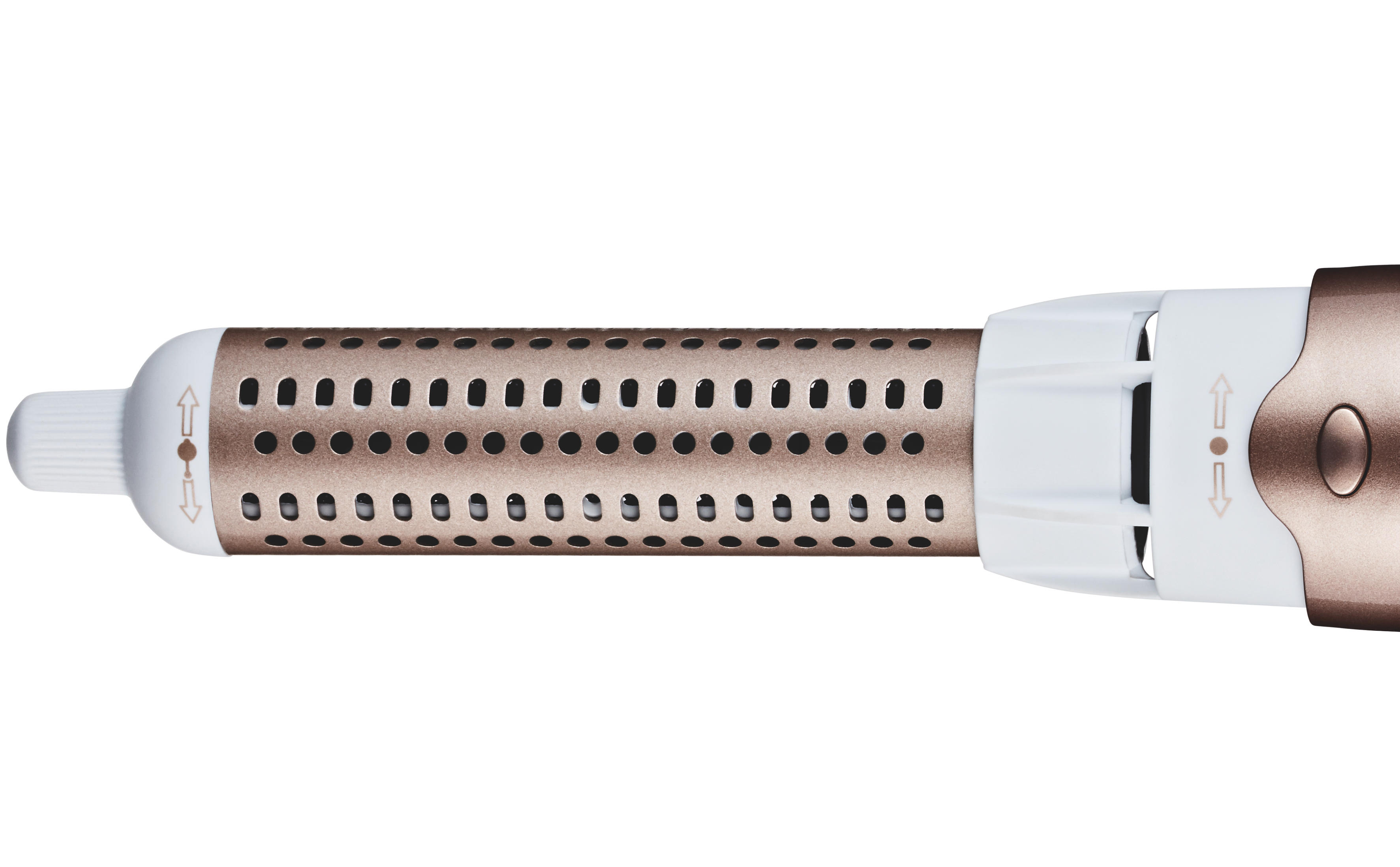 Nahaufnahme eines gold-weiß Haarstyling-Tools mit Belüftungslöchern.