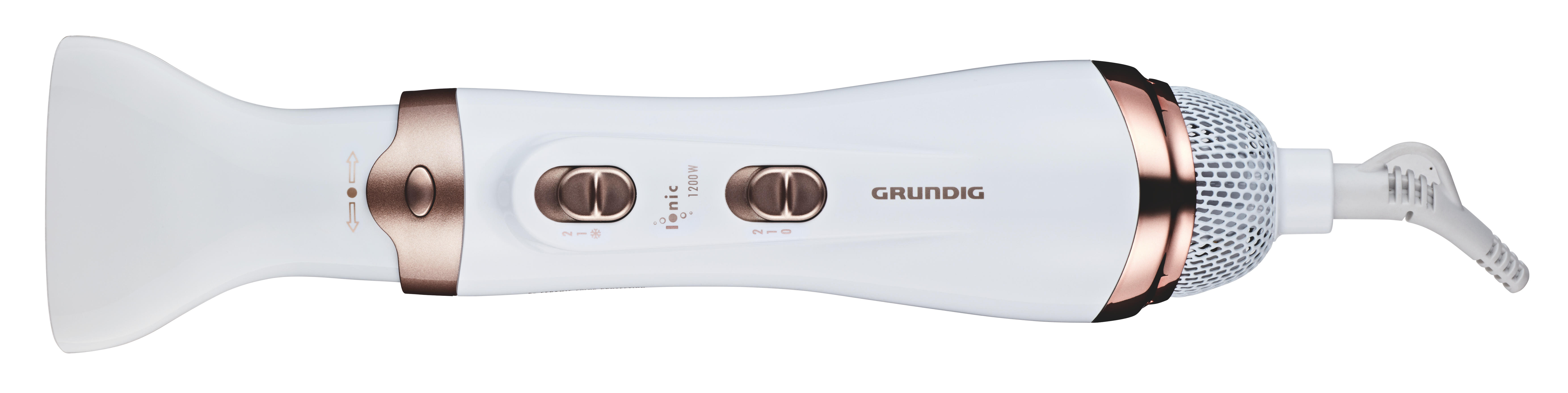 Weißer Grundig-Haartrockner mit roségoldenen Akzenten, horizontal auf weißem Hintergrund liegend.
