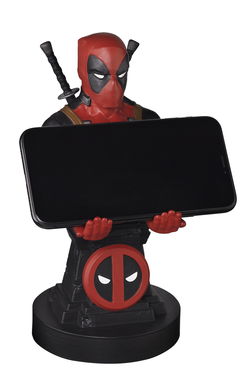 Deadpool-Figur, die ein Telefon mit schwarzem Bildschirm hält. Schwarze Basis und rotes Deadpool-Symbol.